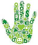 Human hand concept. Made of 100 icons set in green colors. Vector illustration.