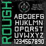 Handmade retro font. Square rough regular type. Grunge textures placed in separate layers. Vector illustration.