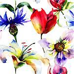 Seamless pattern with spring flowers, Watercolor painting