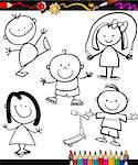 Coloring Book or Page Cartoon Illustration of Color and Black and White Happy Children Set