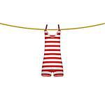 Striped retro swimsuit hanging on rope on white background