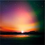 abstract red sunrise background with mountains sea and stars