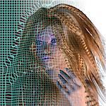 High-tech face technology background with coded grid on 3d woman's face.