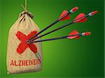 Alzheimers - Three Arrows Hit in Red Mark Target on a Hanging Sack on Green Background.