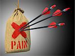 Pain - Three Arrows Hit in Red Mark Target on a Hanging Sack on Grey Background.