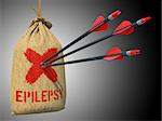 Epilepsy- Three Arrows Hit in Red Mark Target on a Hanging Sack on Grey Background.