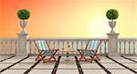 Two deck chair in a terrace overlooking the sea with balustrade at sunset
