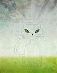 Cartoon cat with green eyes sit on white background.