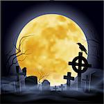 Cemetry at the night. Yellow moon. Headstone.