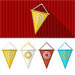 Set of colored triangular pennants with circle ornament symbols.
