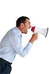 angry businessman with megaphone shouting isolated on white