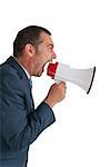 business man shouting into a megaphone on white background