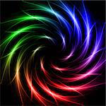 abstract rainbow colourful stars with shining light rays in spiral over dark background