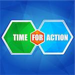 time for action  - business motivation concept words in color hexagons over blue background, flat design