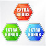 extra bonus, three colors hexagons labels, flat design, business shopping concept