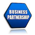 business partnership - 3d blue hexagon banner with white text, teamwork growth concept words