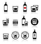 Vector icons set of whisky, whiskey bottle and glass isolated on white