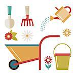 Garden Tools and flowers. Vector Illustration.