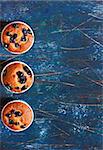 Delicious homemade blueberry muffins on a blue background with place for text or recipe.