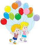 Little girl and boy walking with colorful holiday balloons