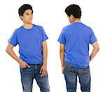 Young black male with blank blue t-shirt, front and back. Ready for your design or artwork.