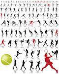 Black silhouettes and shadows of tennis players, vector