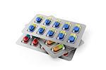 Capsules in blister pack on white background