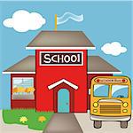 Back to school concept illustration background. Bus and school
