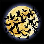 Black crows flying on the background of a full moon night