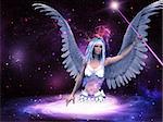 Female angel with purple stick in the space background.