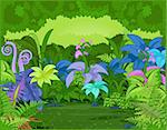 Jungle landscape with different plants and flowers