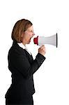 angry businesswoman shouting into a loudhailer or megaphone