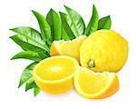 Heap of fresh yellow lemons with green leaf. Placed on white background. Close-up. Studio photography.