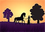 A girl standing with a horse in the sunset.