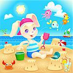 Young rabbit makes castles on the beach. Funny cartoon and vector illustration