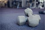 Grey dumbbells on the weights room floor at the gym