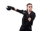 Young funny woman in boxing gloves on a white background
