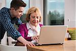 Teenage boy with grandmother working on notebook computer, Germany