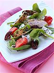 Grilled chicken with feta cheese strawberries pecans baby spinach salad