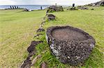 House foundation and seven moai in the Tahai Archaeological Zone on Easter Island (Isla de Pascua) (Rapa Nui), UNESCO World Heritage Site, Chile, South America