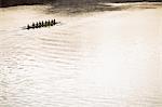 Rowing team in scull on sunny lake