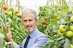 Portrait of serious scientist in greenhouse with tomatoes