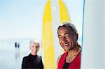 Portrait of senior couple with surfboards on beach