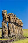 Seven Moai at Ahu Akivi, the first restored altar on Easter Island (Isla de Pascua) (Rapa Nui), UNESCO World Heritage Site, Chile, South America