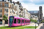 Modern tram in Cours de Jean-Baptiste Langlet in Reims, Champagne-Ardenne, France, Europe