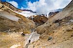 Tourist looking at smoking fumaroles on Mutnovsky volcano, Kamchatka, Russia, Eurasia