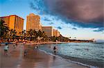 Late afternoon sun over the hotels on Waikiki Beach, Oahu, Hawaii, United States of America, Pacific