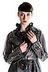 Portrait of Young Woman wearing Rain Jacket and Modern Jewellery, Studio Shot