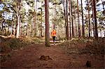 Mature woman running through a forest