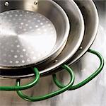 Three Green Handled Pans; Stacked